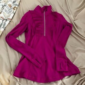 Lululemon size 6 run your heart out pink pullover, 1/4 zip, ruffles long sleeve